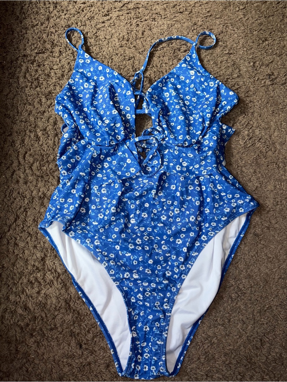 SHEIN Blue Floral One-Piece Swimsuit with Ruffle and Tie Front